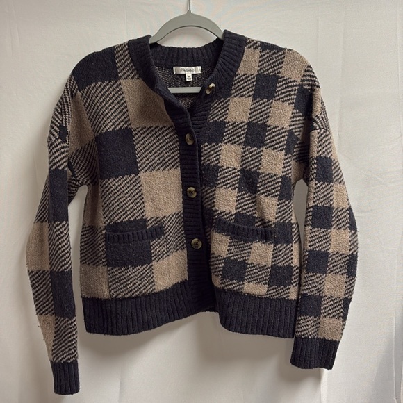Madewell Plaid-Mix Colburne Cardigan Sweater Black & Brown Size XS - Picture 2 of 5